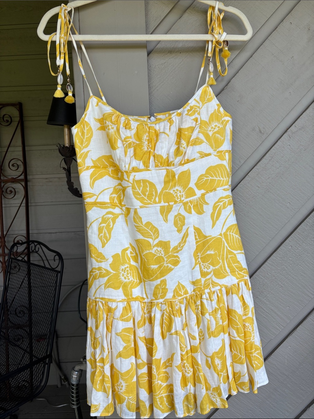 Zimmerman Yellow White Floral Tie-Shoulder Linen Mini Dress